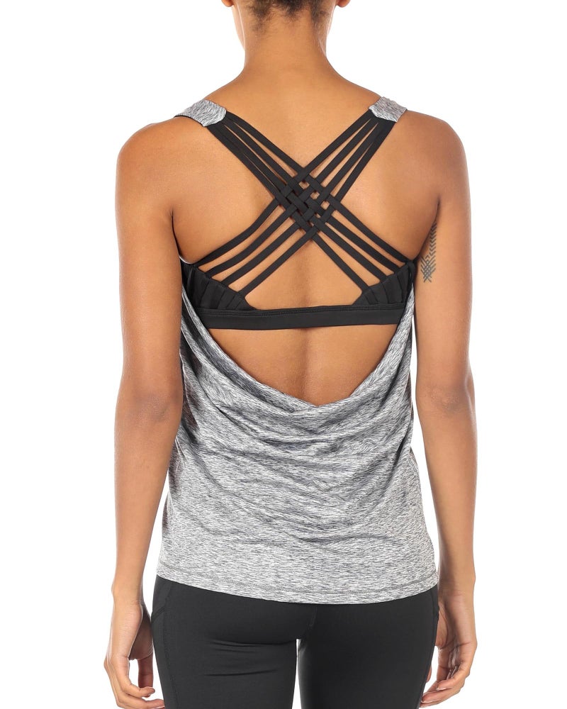 icyzone Yoga Tops Workouts Clothes Activewear Built in Bra Tank Tops for Women (S, Grey Melange) - Image 1